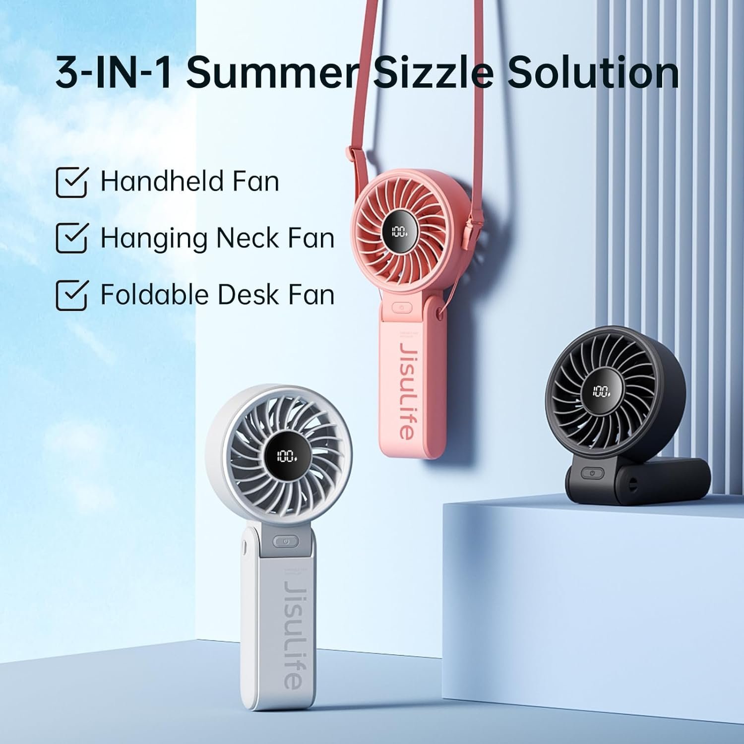 JISULIFE Portable Handheld Fan Life7: 3-in-1 Hand, Desk & Neck Fan-Black | 19.5H Max Cooling, 5-Speed, LED Display, 5000mAh Rechargeable,USB Foldable Fan for Travel/Concerts/Cruise/Sports Events/Gifts - Image 7