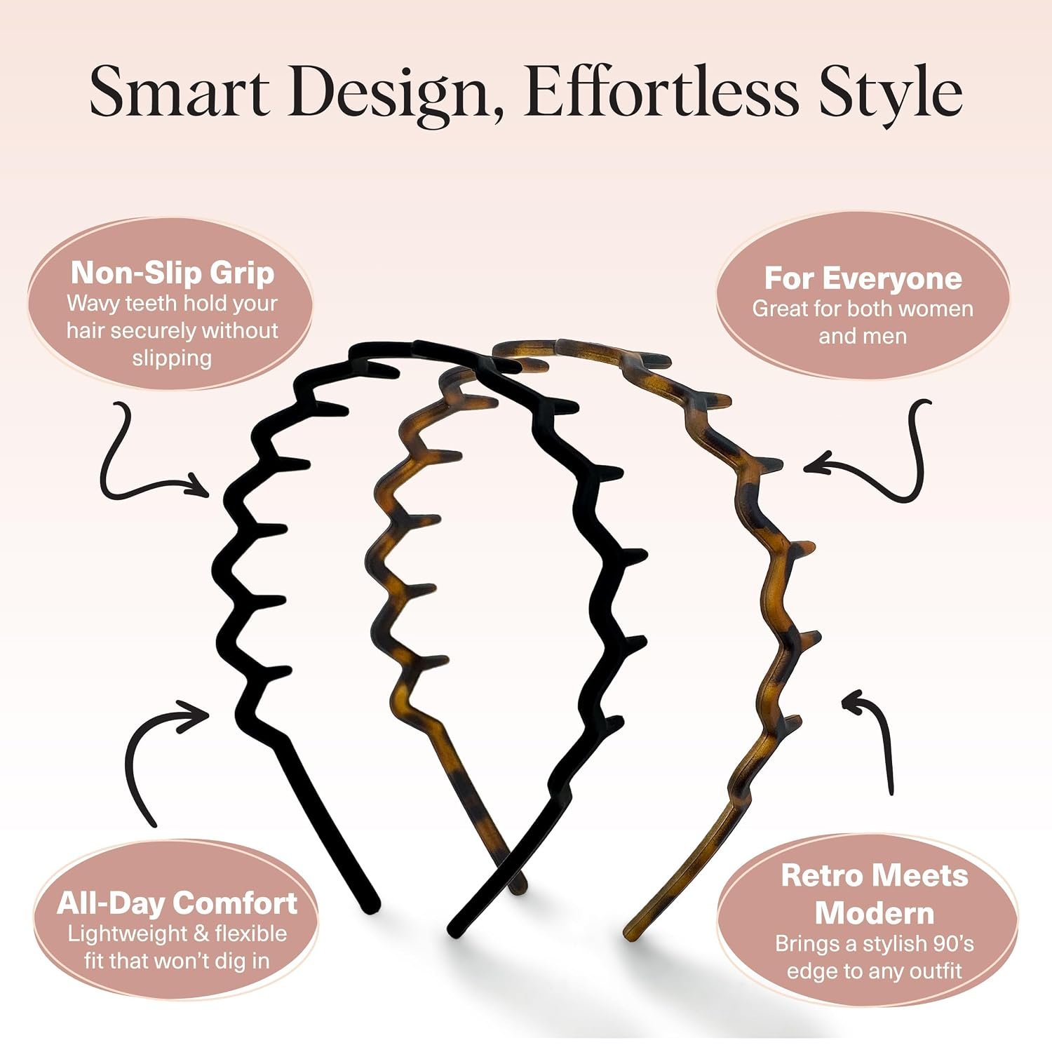Kitsch Zig Zag Headbands for Women - Black and Tortoise, 2 pcs | Fashion Accessories for Slicked Back Styles | Comfortable Wavy Headbands | Comb Headband with Teeth - Image 3