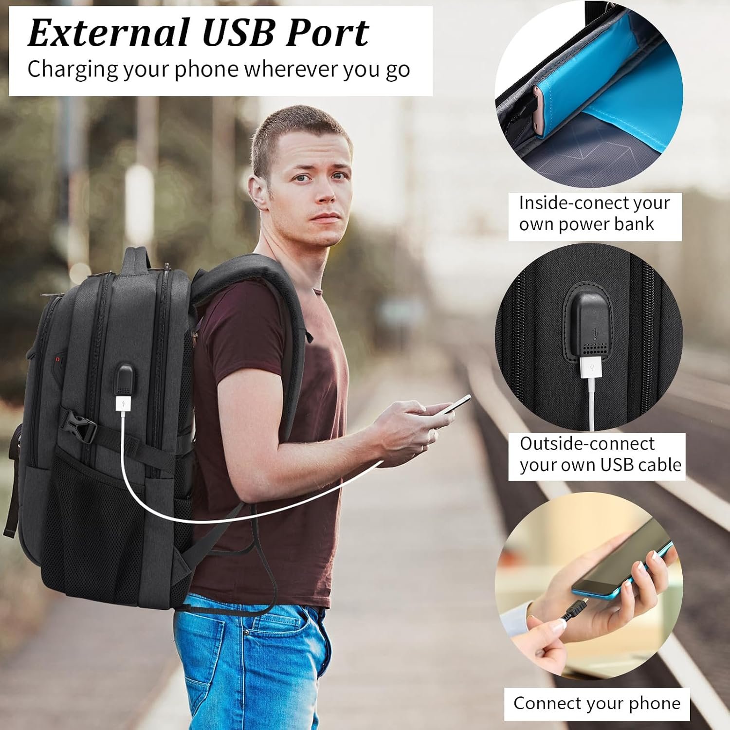 17 Inch Laptop Backpack for Travel Water Resistant College Backpack for Men/Women Laptop Bag with USB Charging Port,Black - Image 6