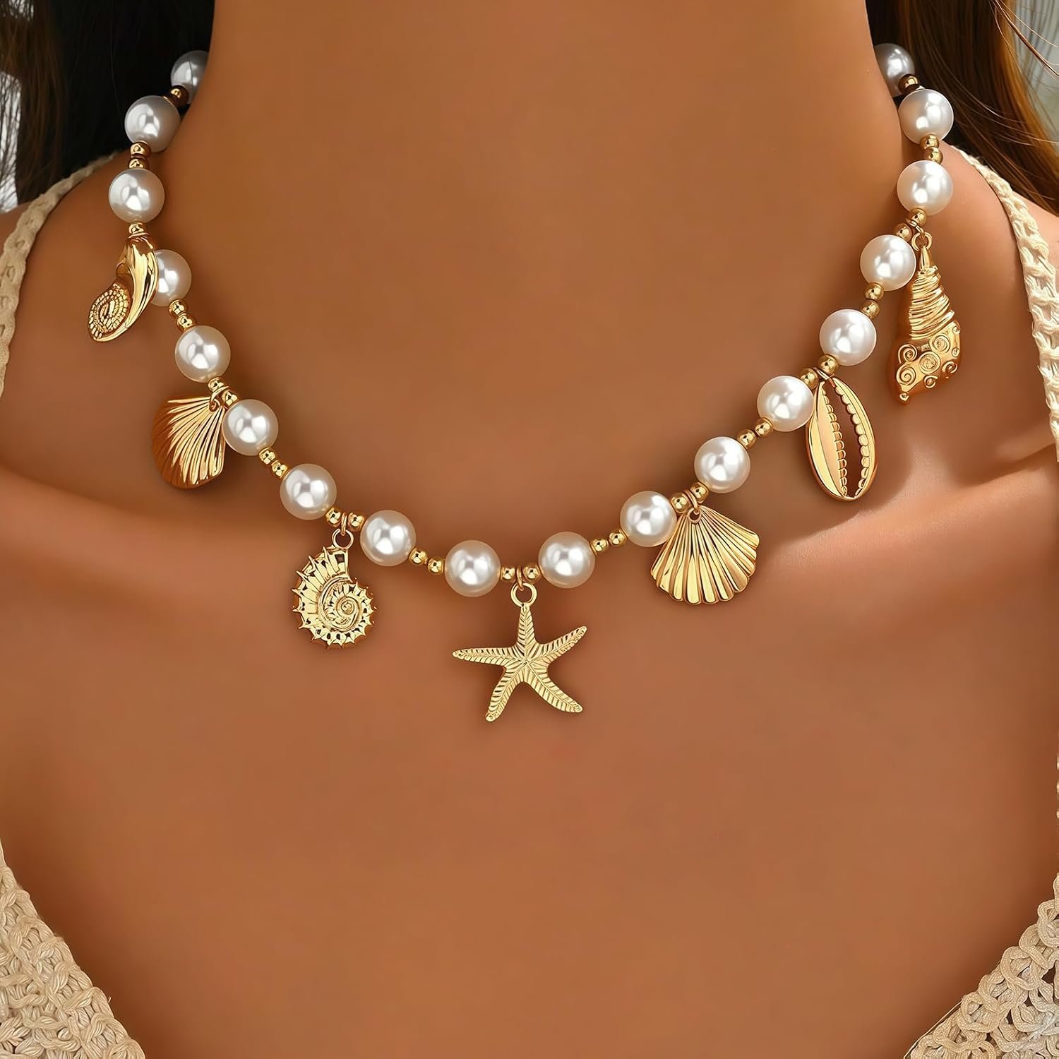 Nackiy Shell Starfish Necklace for Women, Boho Beach Vacation Jewelry | Gold Plated Layered Charm Necklace, Boho Bead Strands, Adjustable Fit, Pearl Shell Starfish Charms, Summer Jewelry Gift - Image 2