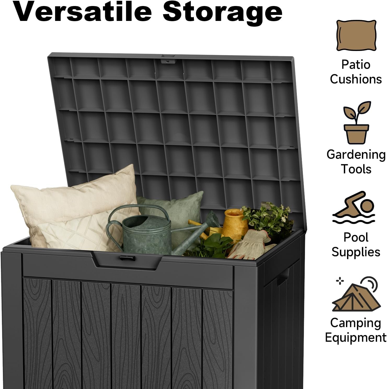 35 Gallon Outdoor Deck Box Lockable Waterproof Storage Black | Heavy-duty resin container for indoor and outside use. Patio cushions, garden equipment, pool accessories, outdoor tools - Image 6
