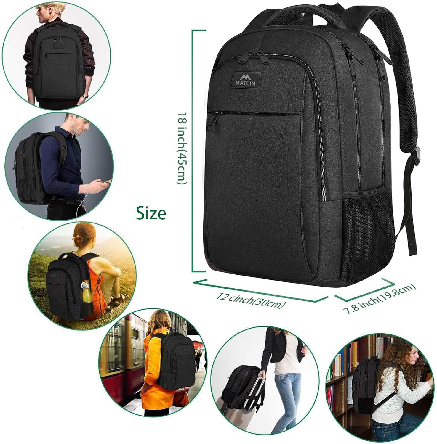 MATEIN Business Laptop Backpack, 15.6 Inch Travel Work Bag for Men Women | Water Resistant Daypack, Personal Item Bag Size, Anti Theft Pocket, Luggage Strap, Computer Backpack for Work College, Black - Image 8