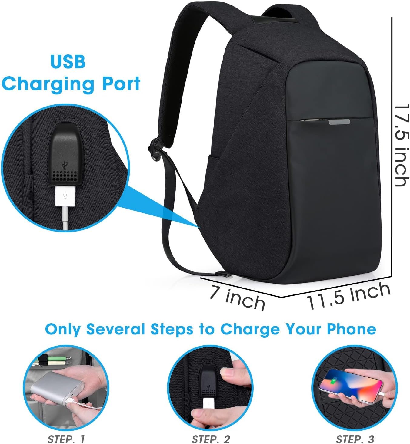 Anti Theft Backpack 15.6 Inch Laptop Travel Backpack with Hidden Zipper and USB Charging Port Waterproof Business Computer Bag for Men & Women - Image 6