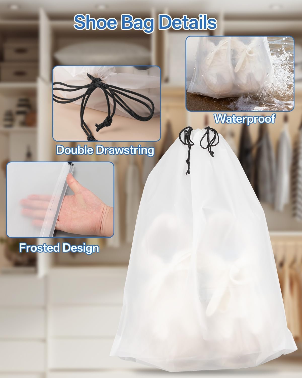 Teskyer Shoe Bags for Travel, Waterproof Drawstring Shoe Bags, 6 Pack | 15.7" x 11.8" Fits Most Shoes, Reusable PE Material, Tear-resistant Design, Travel Essentials for Organized Packing - Image 6
