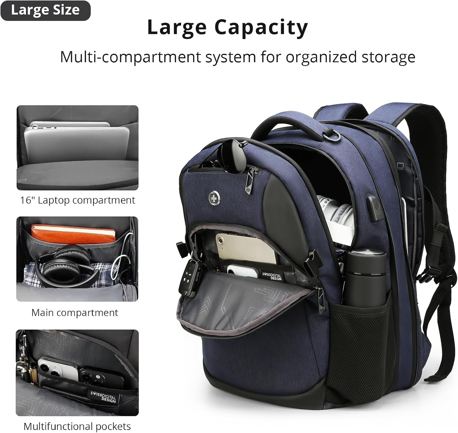 Swissdigital Design Backpack for Men & Women Fit 17 Inch Computer SD1671-12 | Travel Laptop Backpack,College Bag, Business Bag, with USB Charging Port,RFID Protetion Pocket, 35l Expandable, Blue - Image 7
