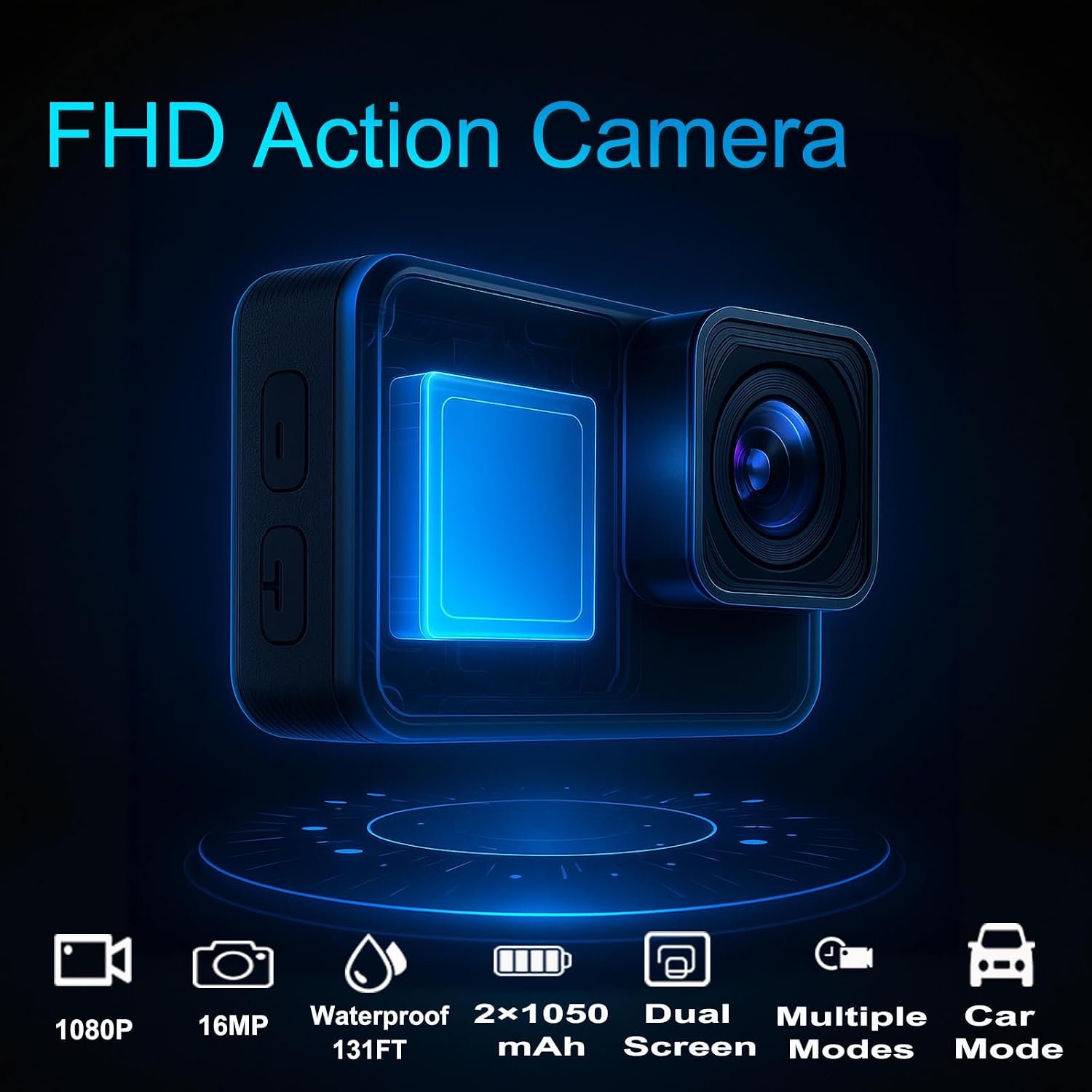 Dual Screen Action Camera, 1080P 16MP Waterproof Camera, Black | 40M Underwater Camera, with 2x1050mAh Batteries, 16GB Card & Full Accessories for Helmet, Bicycle,etc. - Image 4