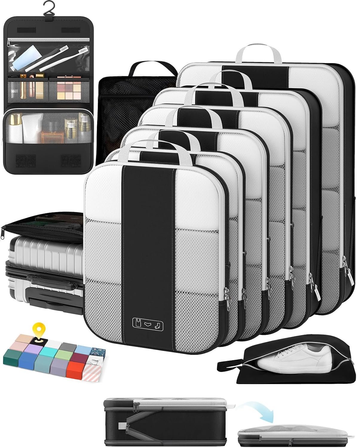 OlarHike 10 Set Compression Packing Cubes for Travel Essentials,Compressible Expandable Space Saver Bags for Organizing Clothes,Luggage Suitcase Garment Bags with Over 1000 pcs Mesh Holes(Black)