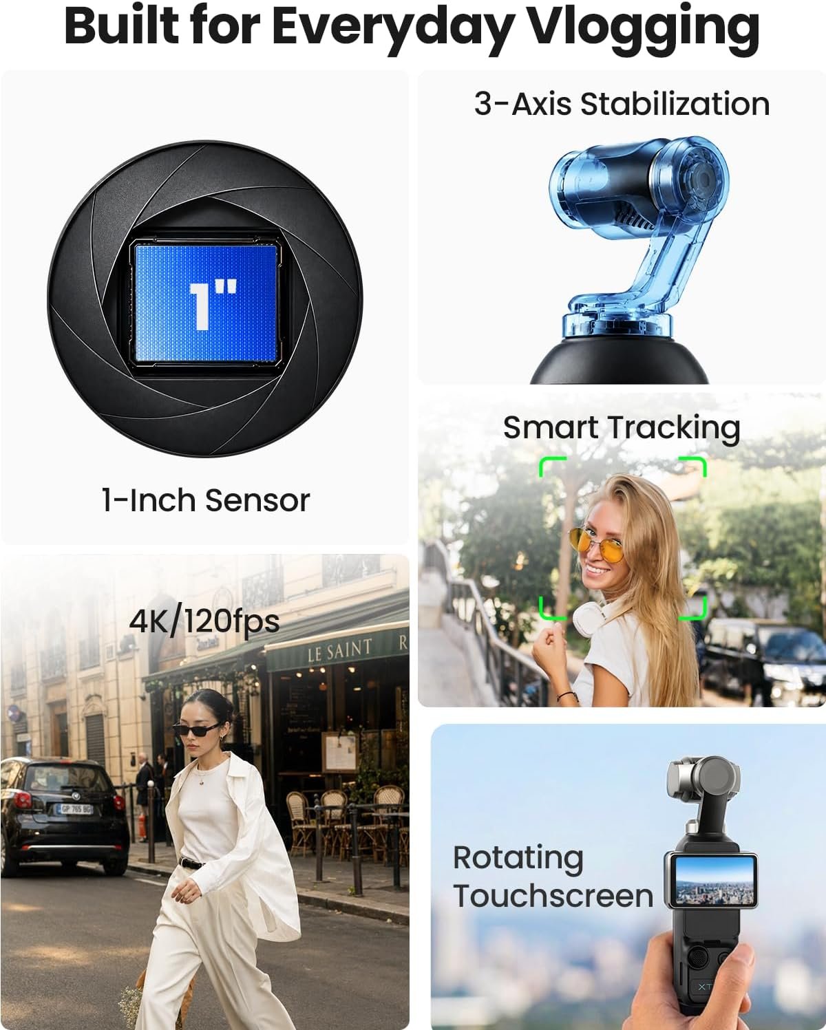 Xtra Muse, Vlogging Camera with 1'' CMOS & 4K/120fps Videos, Pocket Camera with 3-Axis Gimbal Stabilizer, Fast Focusing, Face/Object Tracking, Digital Video Camera for Photography, Digital Camera - Image 6