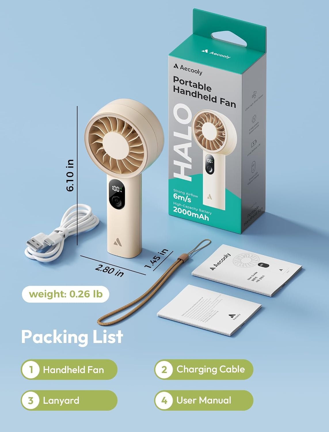 Aecooly Mighty Portable Fan, Powerful Handheld Fan, USB Rechargeable | [10H Max Cooling Time], Mini Personal Battery Powered, Pocket for Travel, Summer, Gifts for Women, Girls -Beige - Image 8