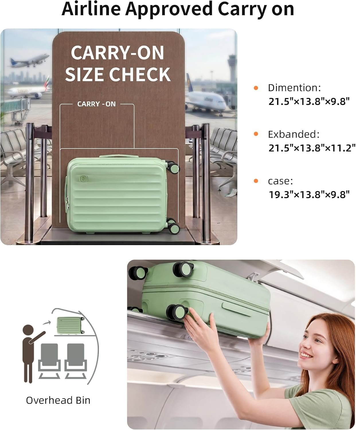 Carry On Luggage 22x14x9 Airline Approved, Expandable Front Pocket with Spinner Wheels, PC Hardside Rolling Luggage with TSA Lock for Travel Women Men, Avocado Green - Image 3