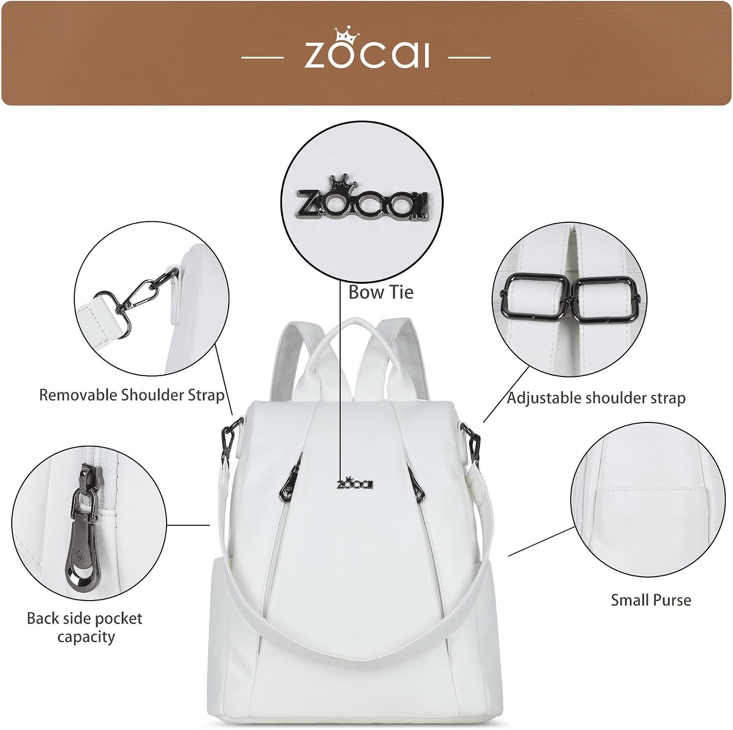 ZOCAI Backpack Purse for Women Medium Anti-Theft Backpacks Purses Design Leather Shoulder Bags with Removable Strap - Image 5