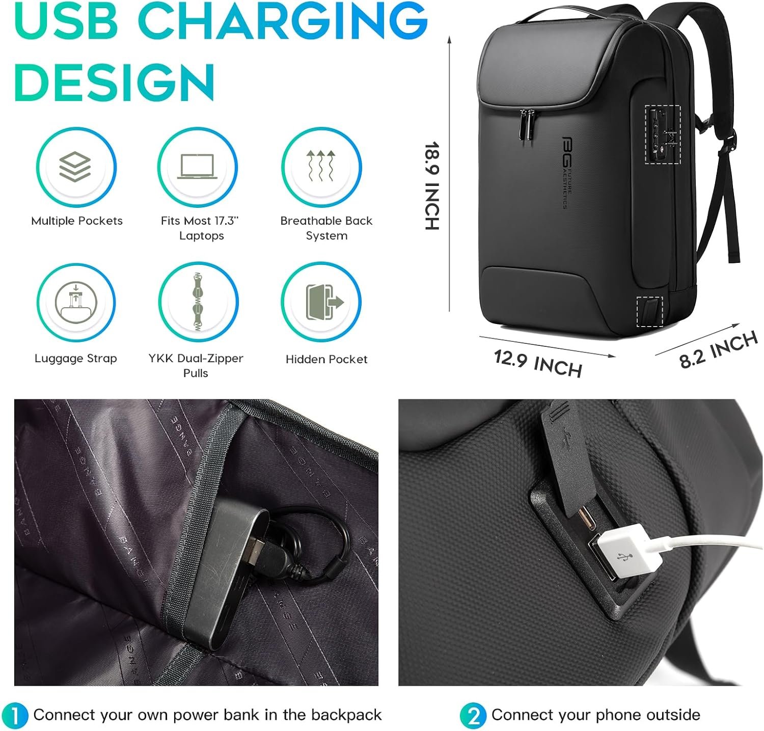BANGE Anti-Theft Backpack with USB Charging Port 17.3 Inch Business Laptop Backpack - Image 3