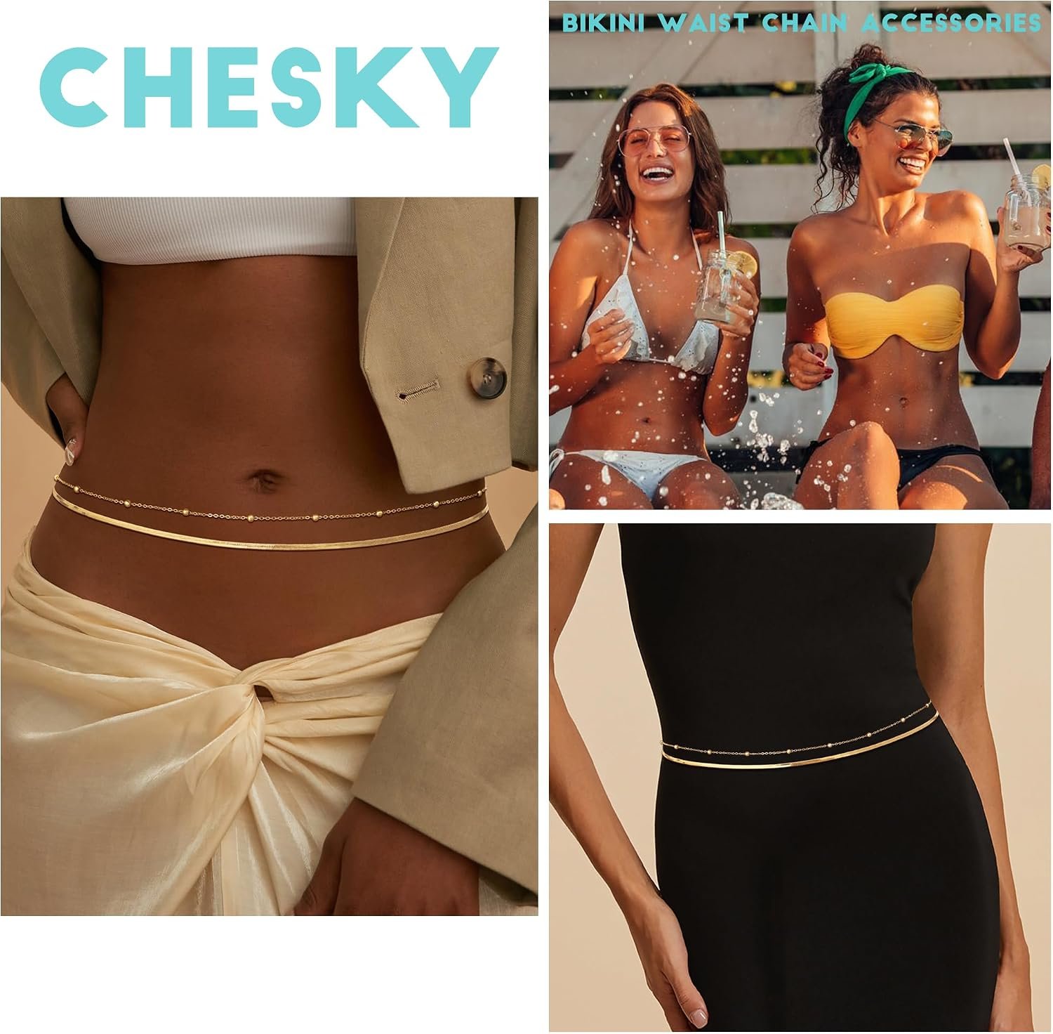 CHESKY 14K Gold Plated Waist Chain for Women, Layered Waist Beads | Silver Plated Gold Body Chains, Beach Summer, Waterproof Snake Belly Belt Chain, Festival Jewelry Accessories for Women - Image 5