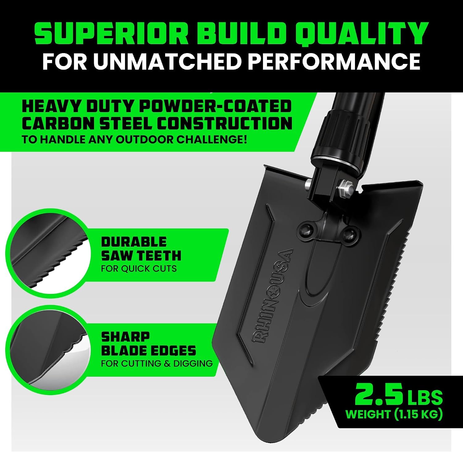 Rhino USA Folding Survival Shovel with Pick - Military Entrenching Tool | Heavy Duty Carbon Steel Folding Tool for Off-Road, Camping, Gardening, Beach. For Dirt, Sand, Mud & Snow Digging. Black - Image 2