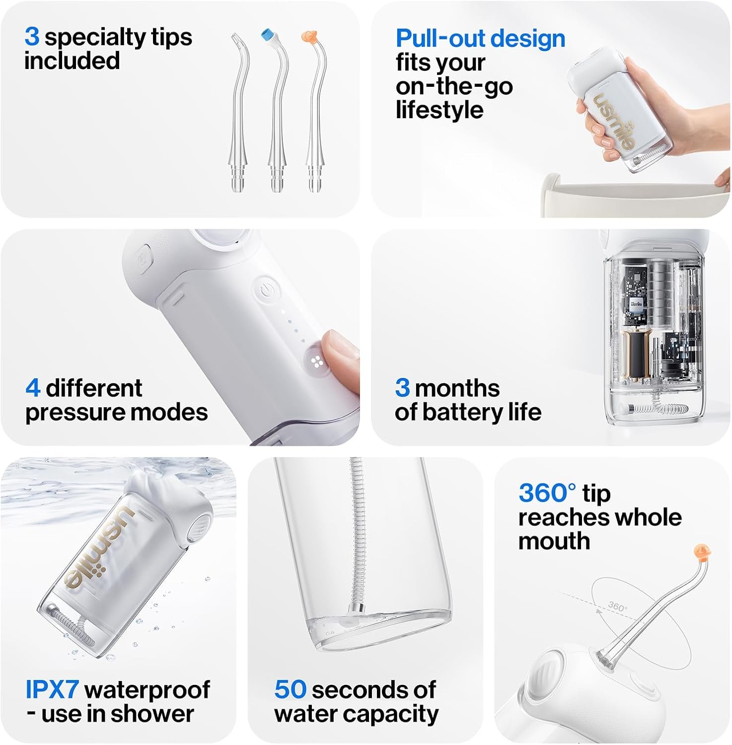 usmile C10 Portable Water Flosser for Travel, 95-Day Battery, IPX7, White | 180ml Tank, 4 Modes, 360° Nozzle, Cordless Oral Irrigator for Braces, Implants & Sensitive Teeth, Teeth Cleaner - Image 6