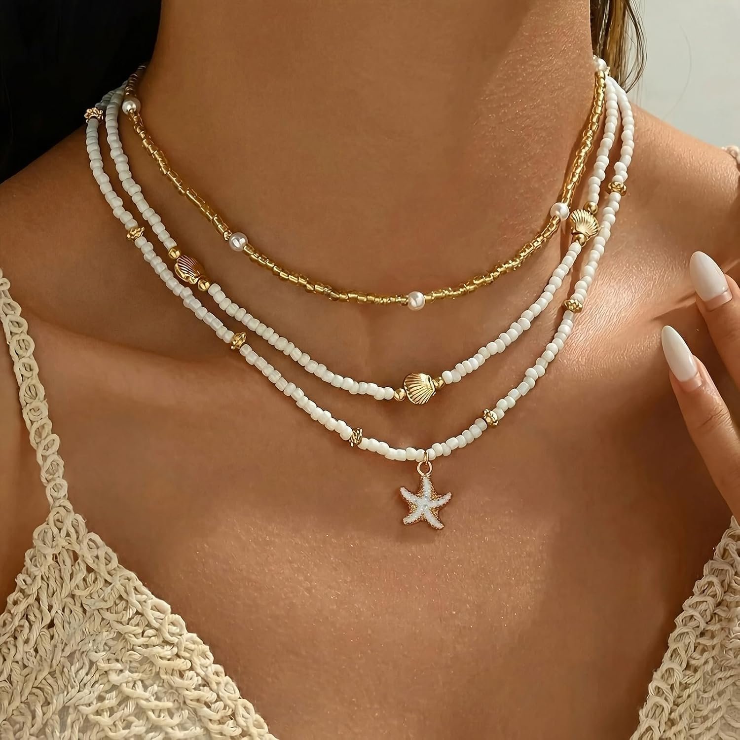 Nackiy Shell Starfish Necklace for Women, Boho Beach Vacation Jewelry | Gold Plated Layered Charm Necklace, Boho Bead Strands, Adjustable Fit, Pearl Shell Starfish Charms, Summer Jewelry Gift - Image 2