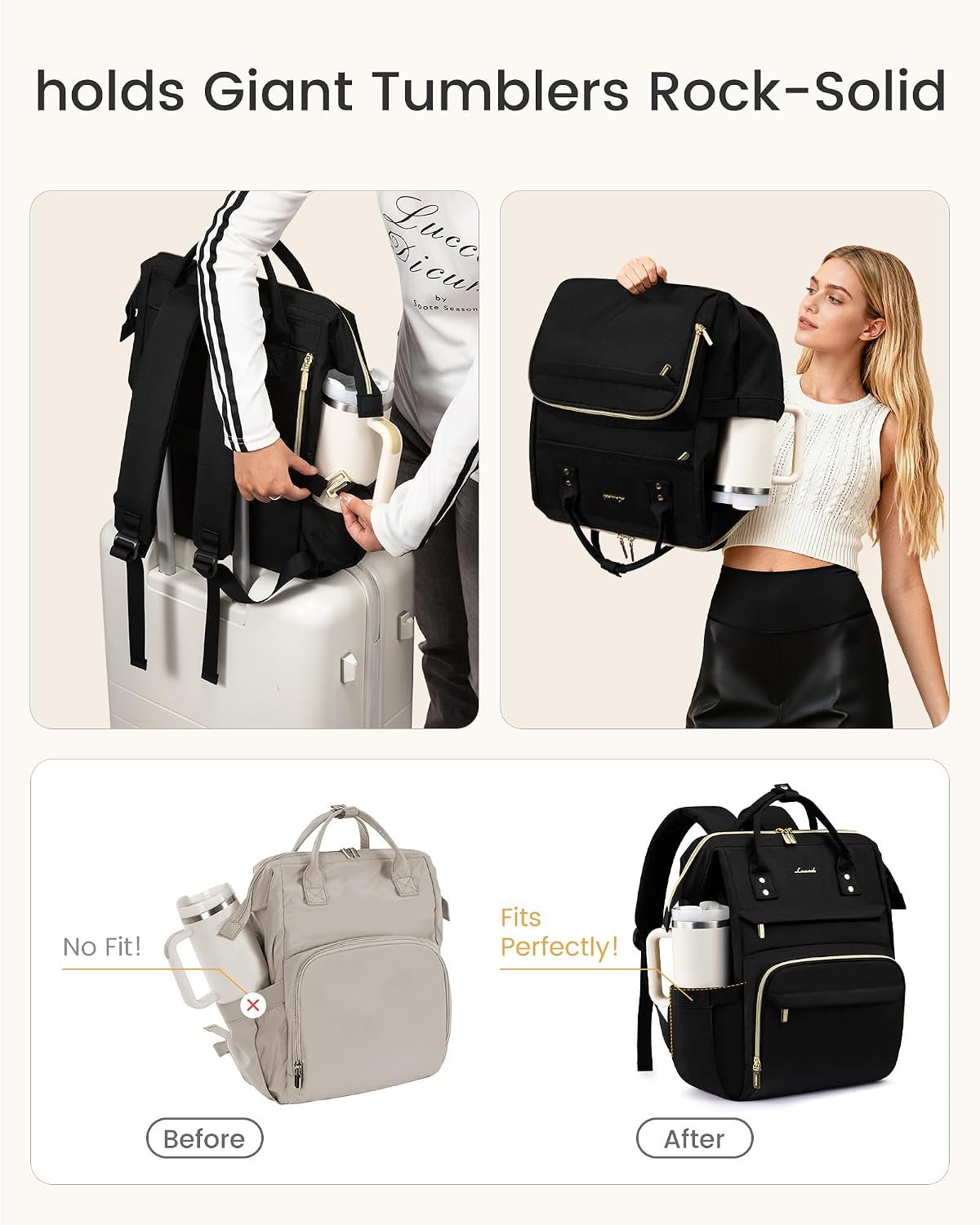 LOVEVOOK Laptop Backpack for Women with Giant Tumbler Holder Pocket,15.6 inch Waterproof Travel Backpack Purse Computer Laptop Bag,Professional Work College Nurse Teacher Backpack Casual Daypack,Black - Image 3