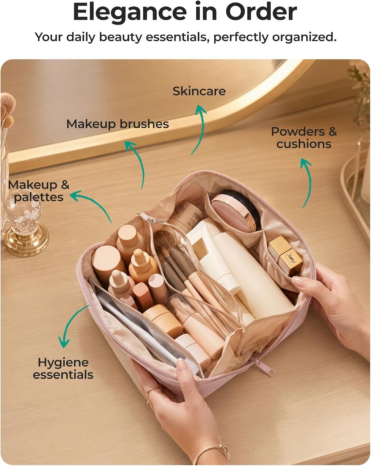 BAGSMART Easy-Access Makeup Bag, Water-Resistant Travel Toiletry Organizer | Open Flat, Portable, Make Up Organizer, Water-resistant, Puffy Padded, For Toiletries, Brushes - Image 5