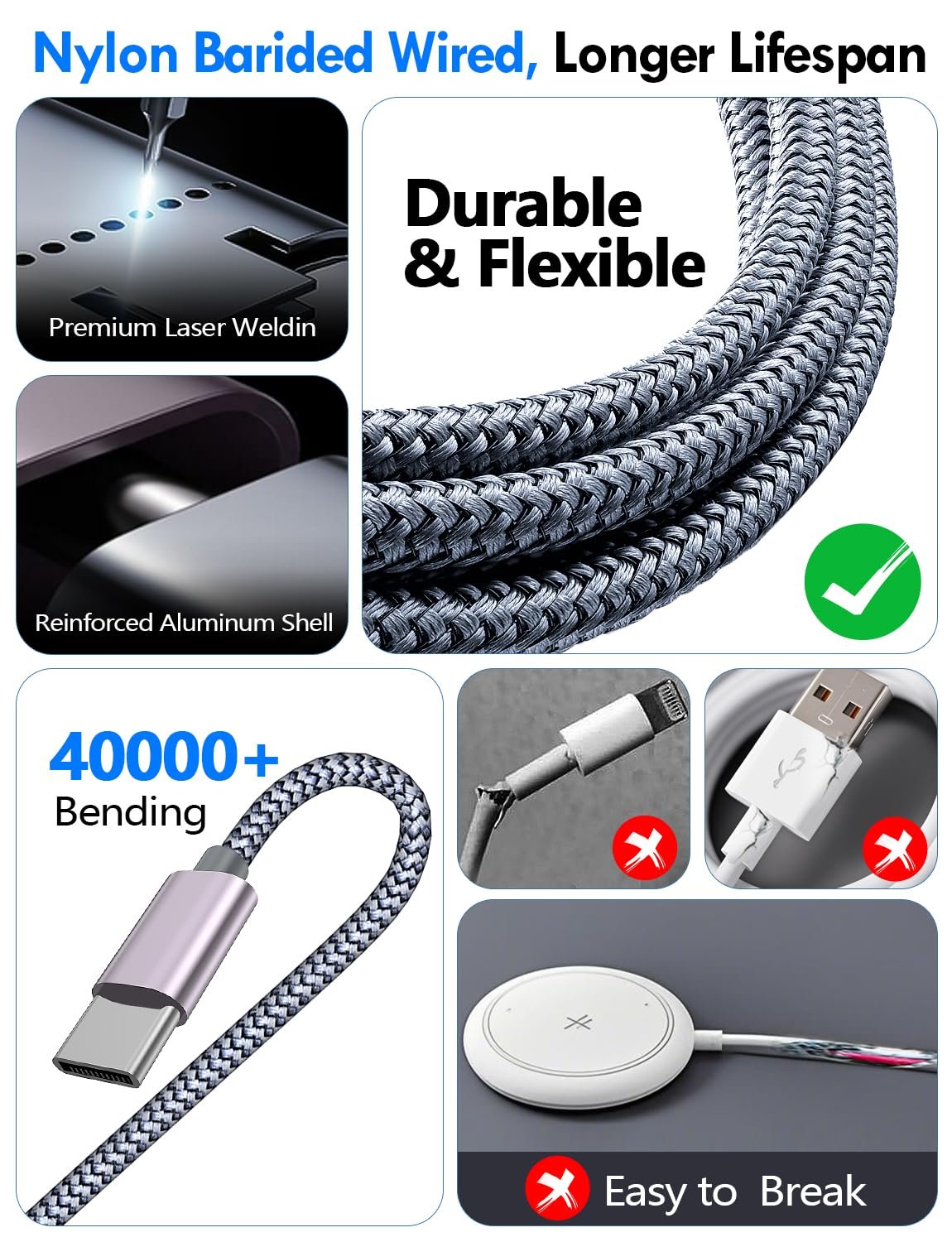 2Pack Travel Essentials for Apple Watch Charger,3-in-2 Multi Charging Cable | Cruise Vacation Camping Essentials for iPhone Charger,Type C/Lightning for iWatch,iPhone 17-12,Xbox Series X&S-4FT Gray - Image 5