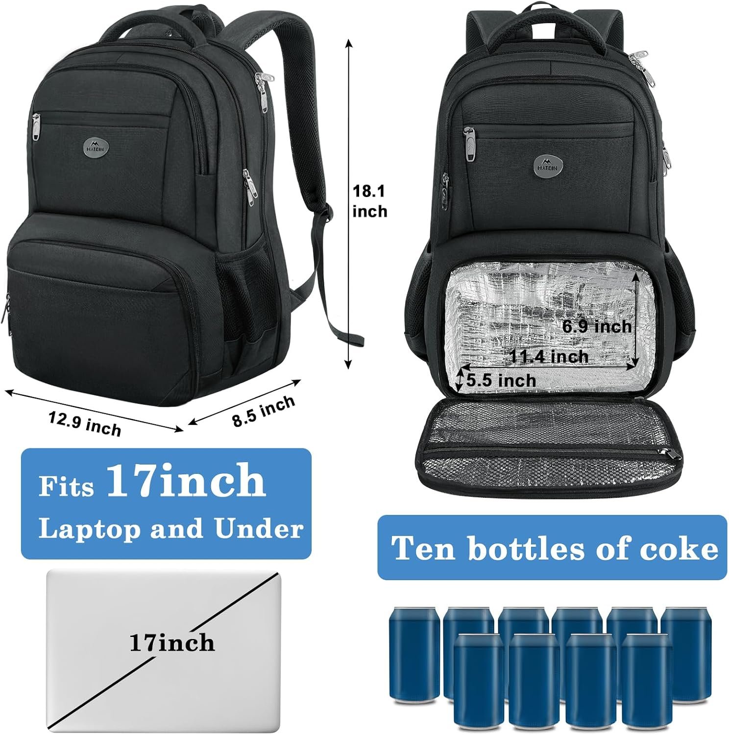 MATEIN Lunch Backpack for Men, 17 Inch Work Bookbag with Laptop Compartment | Water Resistant School Backpack with Lunch Box, Anti Theft TSA Work Bag, Insulated Cooler Compartment, Office Commute College - Image 4