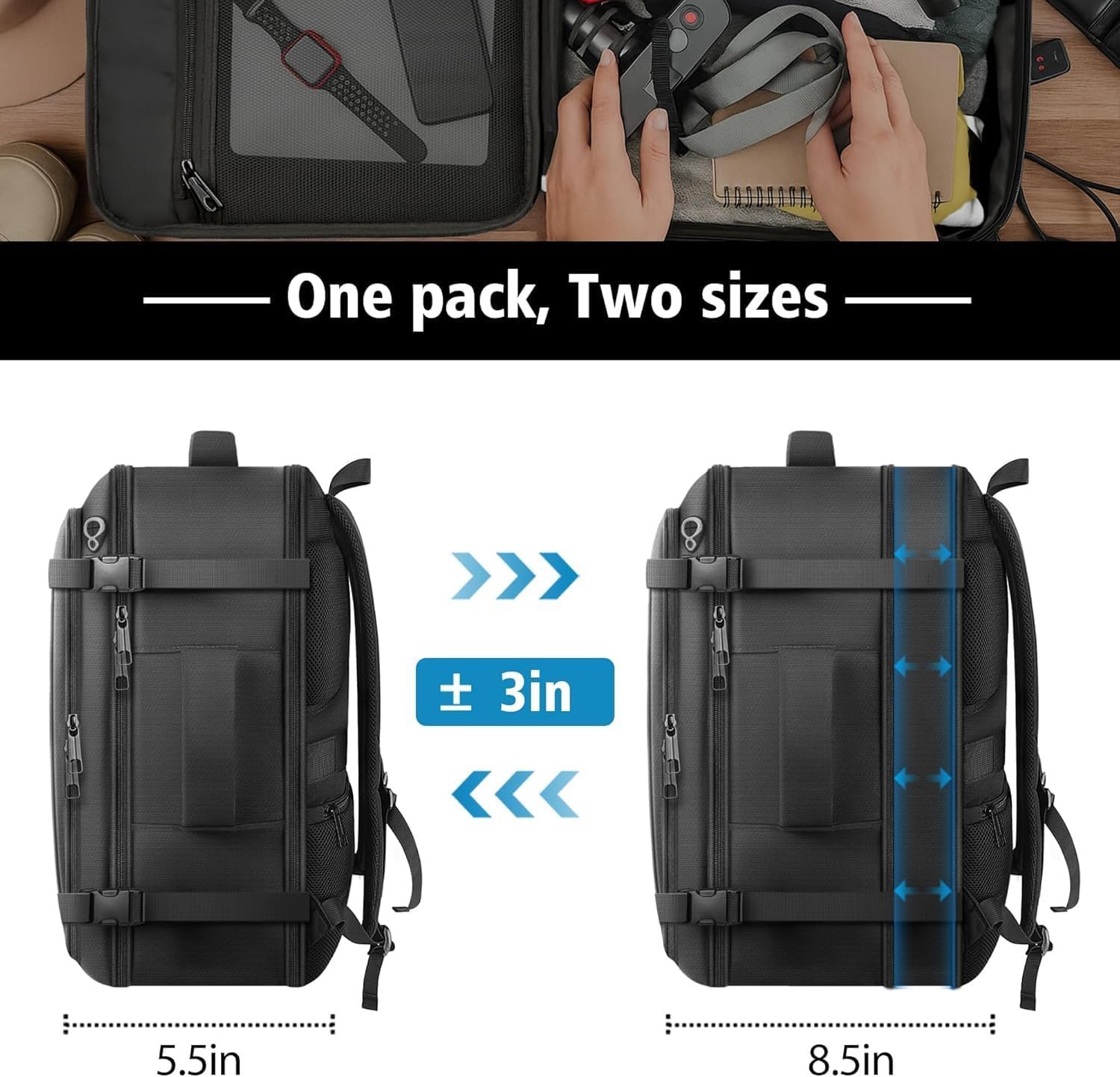 Travel Backpack with LifetimeWarranty,Expandable Carry on Backpack,Black | Expands 35L to 45L,Fits 17.3"Laptop Notebook,Water Resistant Weekender Backpack Business Trips Cable Access Port,Daily Travel - Image 5