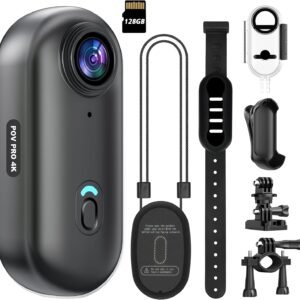 4K Mini WiFi Action Camera 128GB Thumb POV Portable Body Cam Wearable Video Recorder with IPX7 Waterproof Underwater Camcorder, Helmet Mount, Magnetic Sport DV for Bike Cycling, Pet, Vlogging(Black)