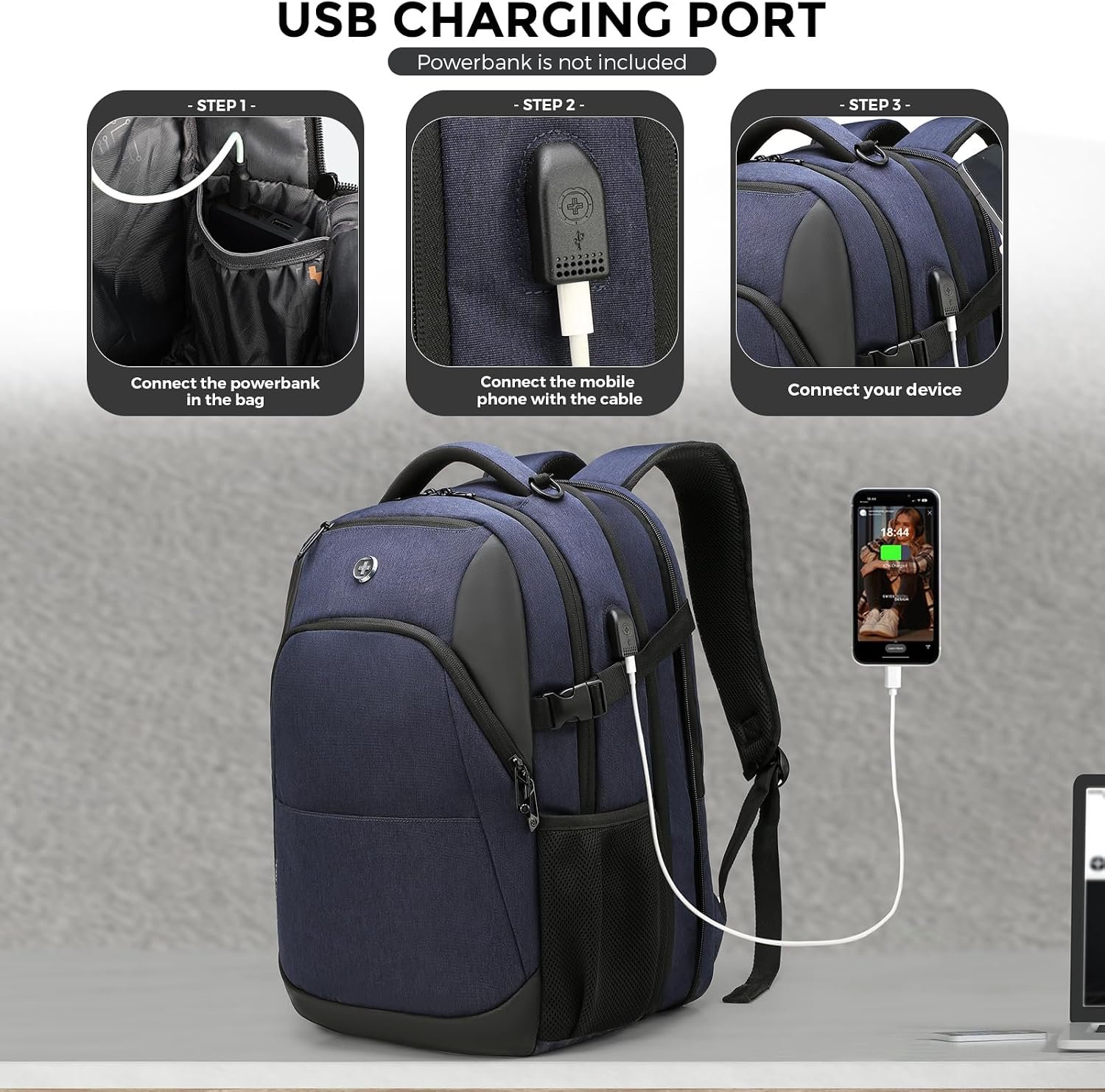Swissdigital Design Backpack for Men & Women Fit 17 Inch Computer SD1671-12 | Travel Laptop Backpack,College Bag, Business Bag, with USB Charging Port,RFID Protetion Pocket, 35l Expandable, Blue - Image 4