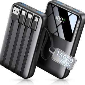 15000mAh Portable Charger Power Bank, Smaller Built-in 4 Cables, 22.5W | 50% More Capacity, 45% Smaller, Slim Travel Essential Battery Pack, 30-Min Fast Charge to 50% for iPhone/Samsung, Black
