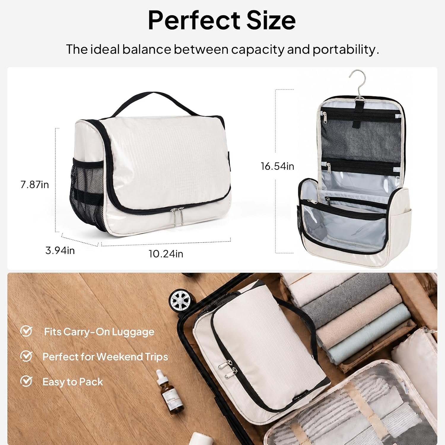 Travel Toiletry Bag for Women & Men, Waterproof Hanging Makeup Organizer | Portable Toiletries Organizer, Wide Opening Cosmetic Bag with Clear Pocket, Easy Access, Compact Size, Beige - Image 4