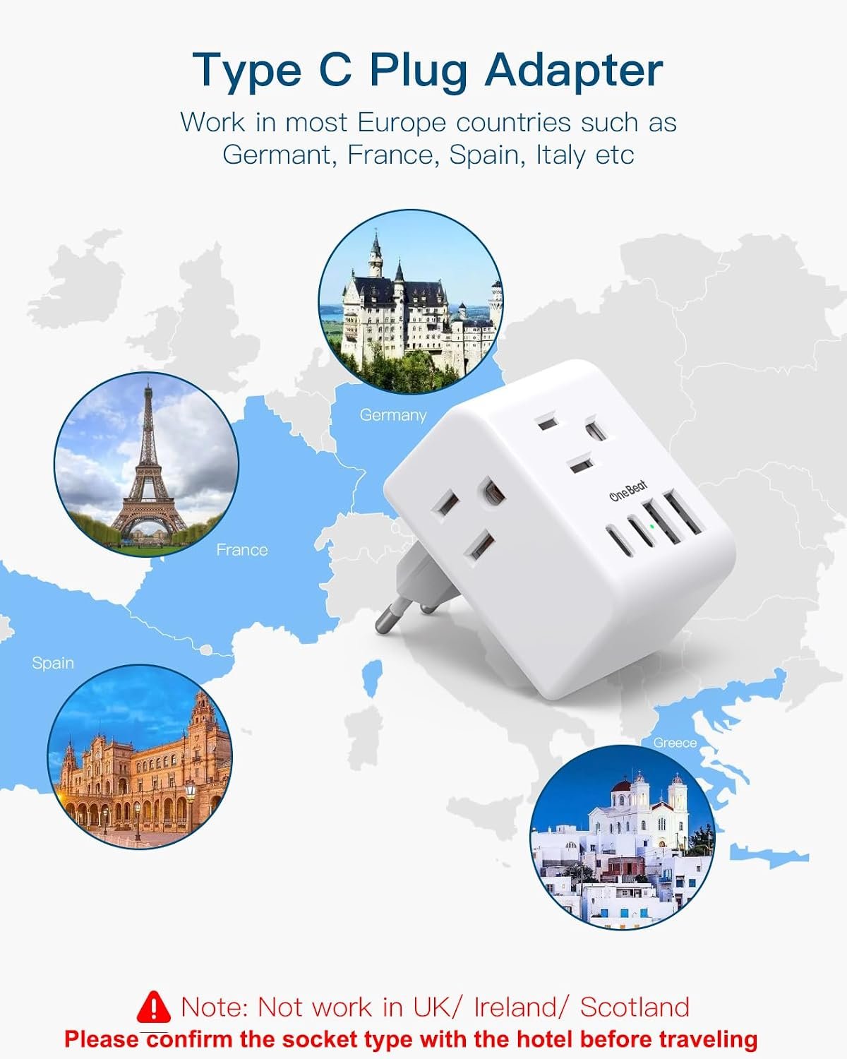 2 Pack European Travel Plug Adapter, Type C Plug Adapter Travel Essentials | International Power Adapter with 3 Outlets 4 USB Ports(2 USB C), US to Most Europe EU Spain Italy France Germany Plug Adapter - Image 3