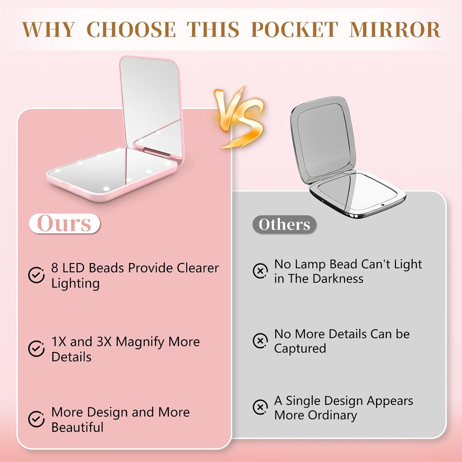 Compact Mirror with Light, 1X/3X Magnification LED Pocket Mirror for Women | Portable, Travel, Purse, Pocket, Gift, Pink, mini, small, essentials, led, fiberglass, batteries, rectangular - Image 6