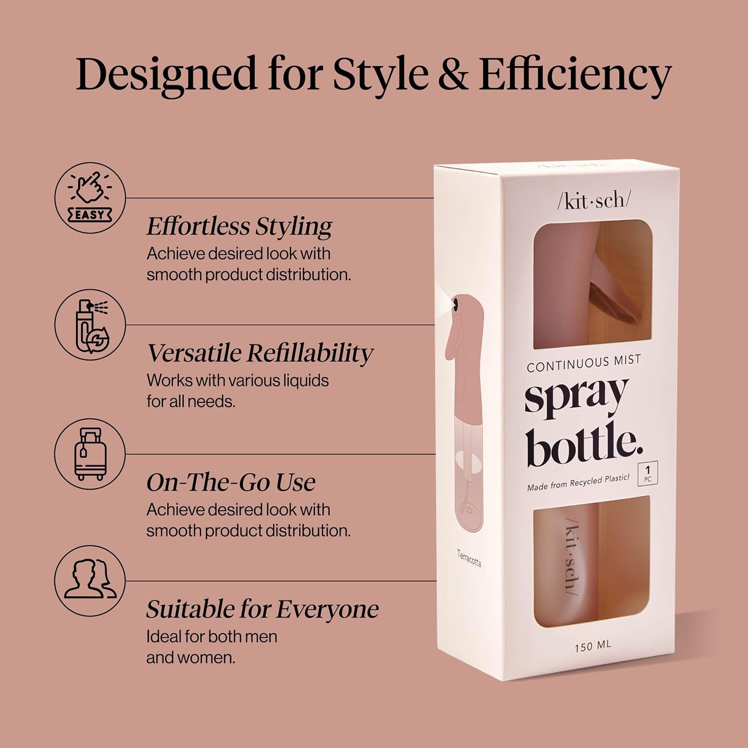 Kitsch Continuous Spray Bottle for Hair – Terracotta, 150ml | Fine Mister Spray Bottle & Water Spray Bottle – Recycled Hair Spray Bottle – Spray Bottles for Cleaning, Styling, & More - Image 3