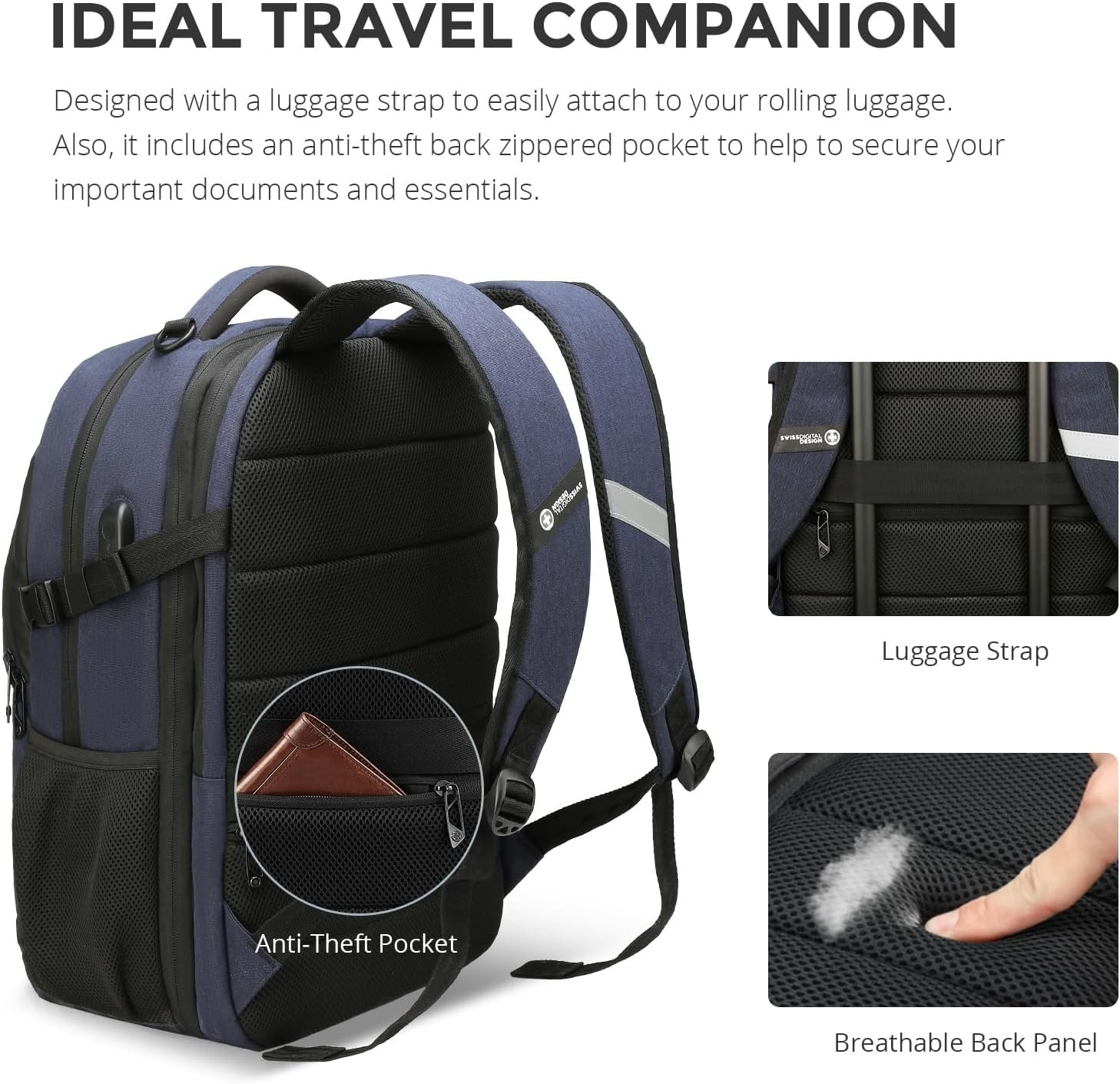 Swissdigital Design Backpack for Men & Women Fit 17 Inch Computer SD1671-12 | Travel Laptop Backpack,College Bag, Business Bag, with USB Charging Port,RFID Protetion Pocket, 35l Expandable, Blue - Image 9