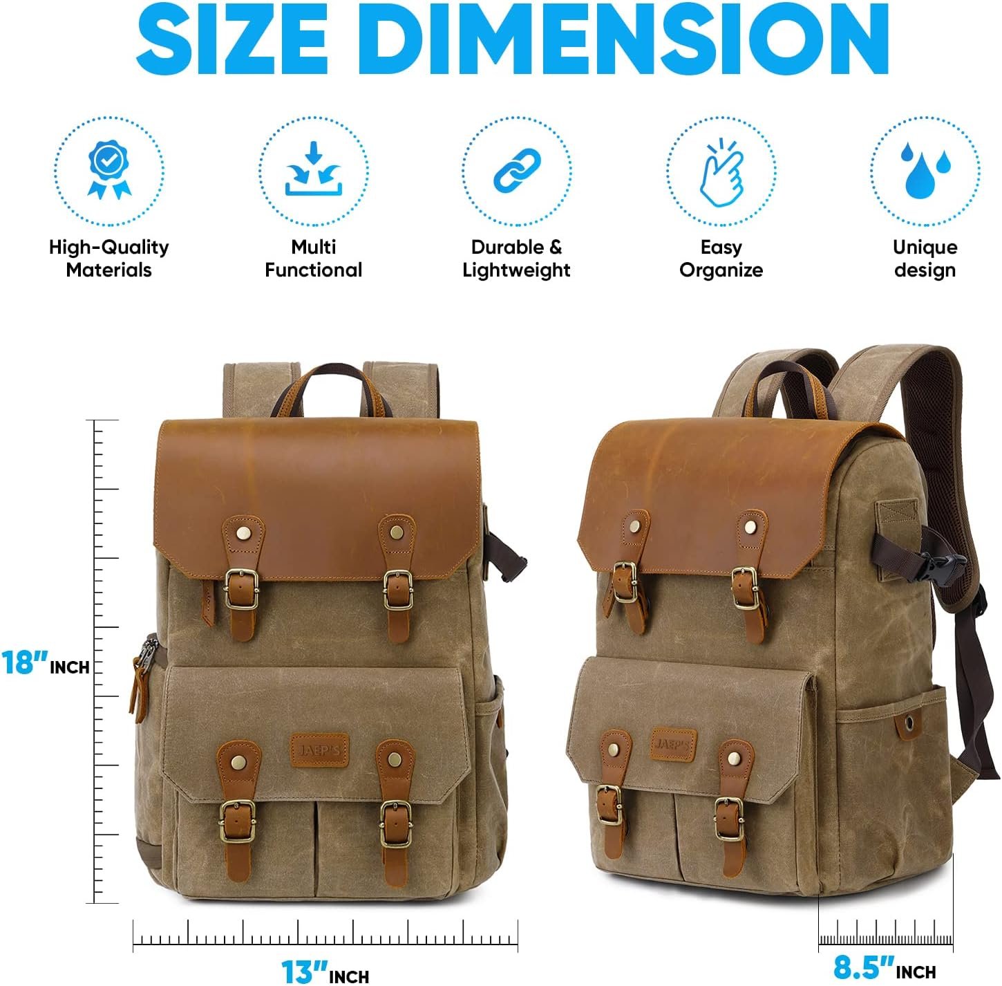 JAEP Camera Backpack - Weather Resistant 16 Ounces Waxed Memory Canvas – DSLR SLR Backpacks with 15.6” laptop sleeve compartment and Tripod Holder for Photographers -Vintage leather Style (Khaki) - Image 6