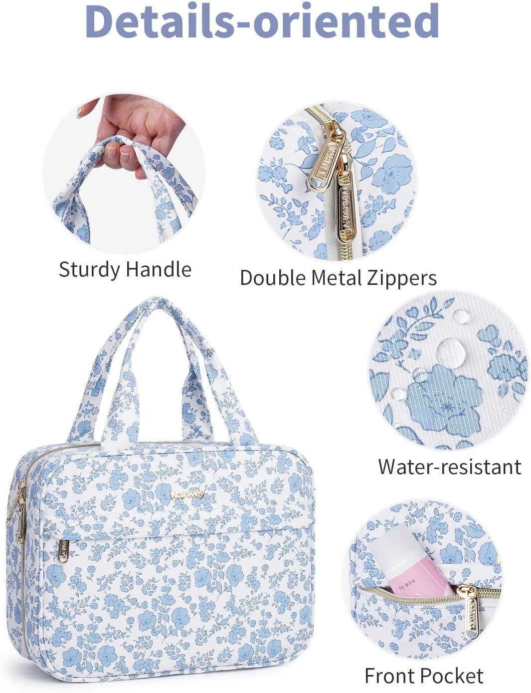 Narwey Hanging Travel Toiletry Bag for Women, Cosmetic Makeup Bag Organizer | Multiple Mesh & Zipper Pockets for Travel-Size Toiletries, Water-resistant, Dry Wet Separation, Durable for Travel, Bathroom - Image 4
