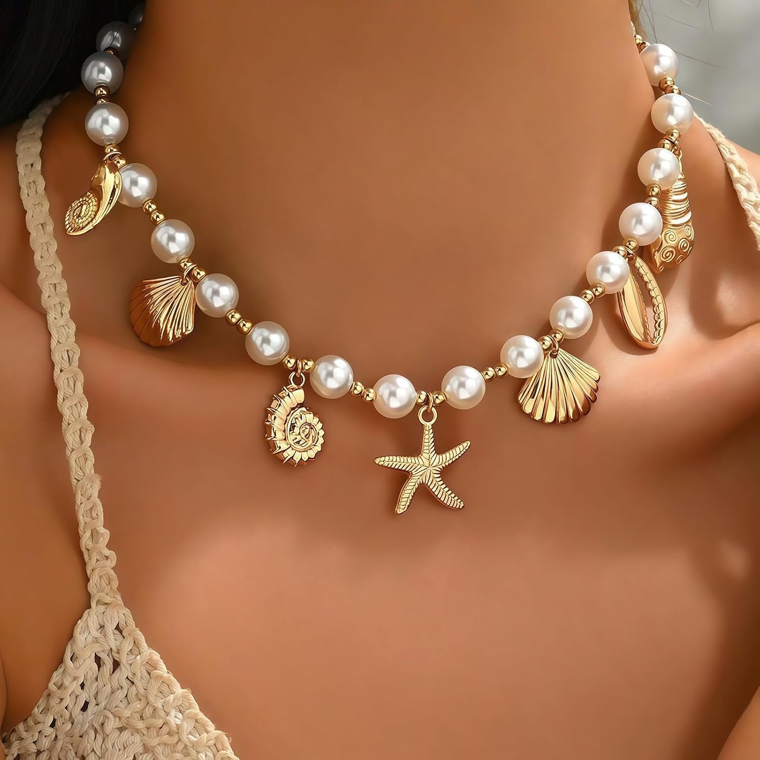 Nackiy Shell Starfish Necklace for Women, Boho Beach Vacation Jewelry | Gold Plated Layered Charm Necklace, Boho Bead Strands, Adjustable Fit, Pearl Shell Starfish Charms, Summer Jewelry Gift - Image 3