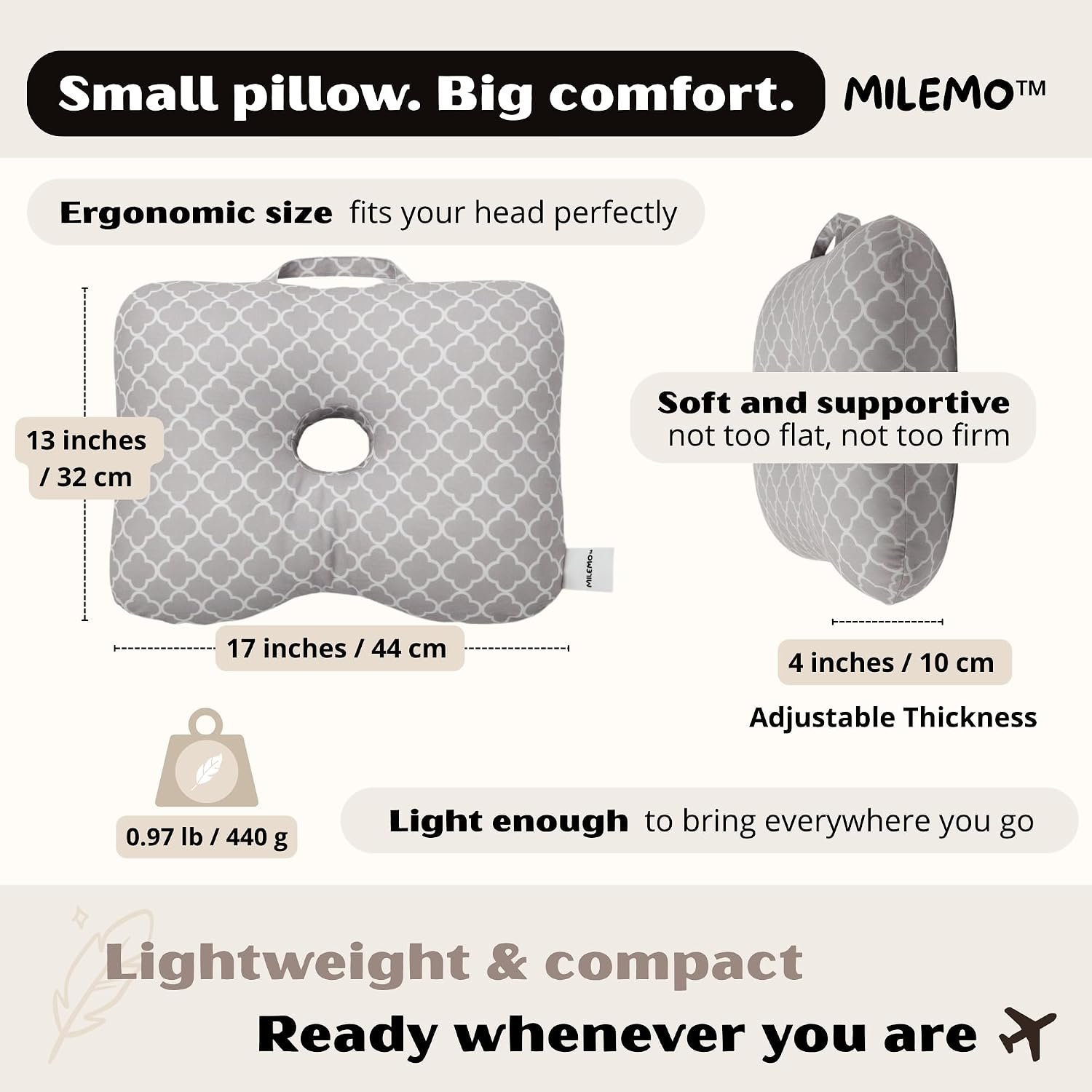 Ear Comfort Travel Pillow with Ear Hole- Side SleepingTravel Cushion with Handle-Lightweight Skin-Friendly Fabric (Light Gray) - Image 6