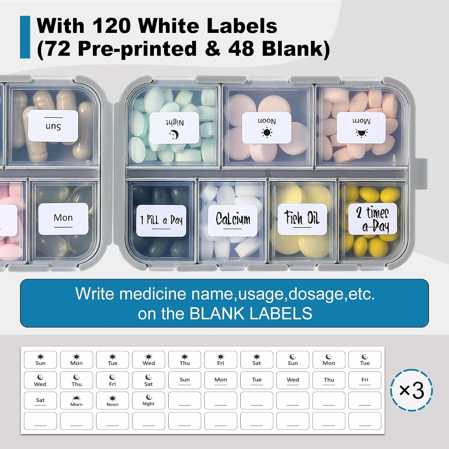 LANDNEOO 14 Grids Pill Organizer Box with Labels, Travel Medication Holder Dispenser Case Kit, Pocket Daily Pharmacy Container for Fish Oil Vitamin Supplement Storage, Khaki Pink Grey, 3 Pack - Image 5