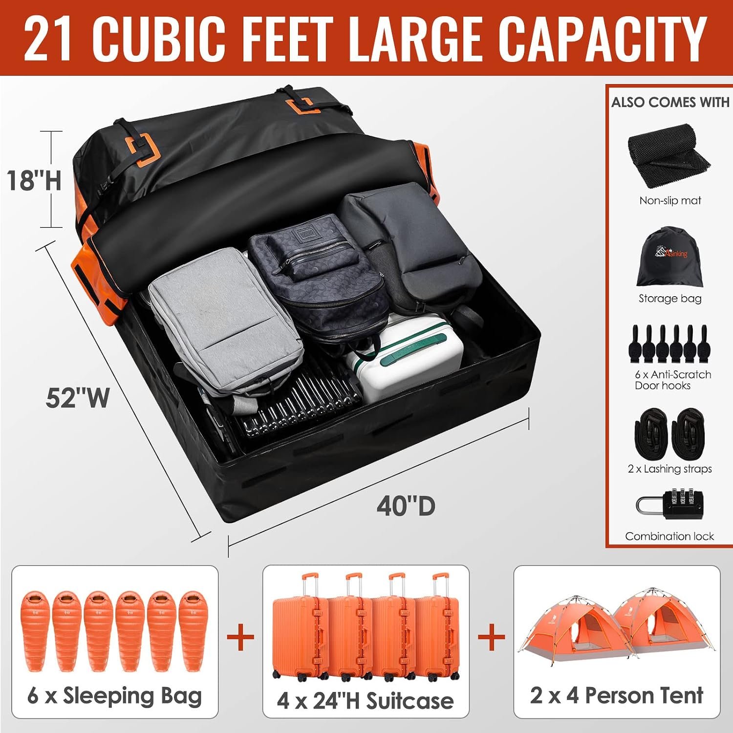 Car Rooftop Cargo Carrier Bag, 21 Cubic Feet 100% Waterproof Heavy Duty 840D Car Roof Bag for All Vehicle with/Without Racks - Anti-Slip Mat, 6 Door Hooks, Storage Bags, 2 Extra Straps, Luggage Lock - Image 4