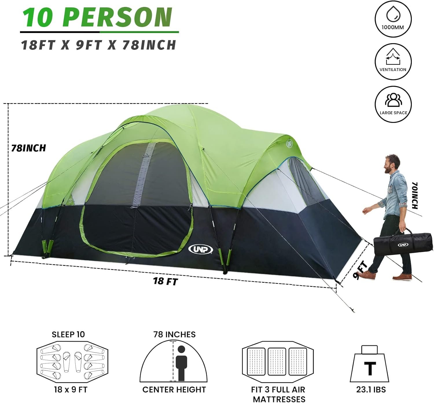 UNP 10 Person Tents for Camping Family Outdoor Camping Tent | 2 Rooms with Rainfly, Waterproof 5 Large Mesh Windows Size 18ft x 9ft x78in - Image 2
