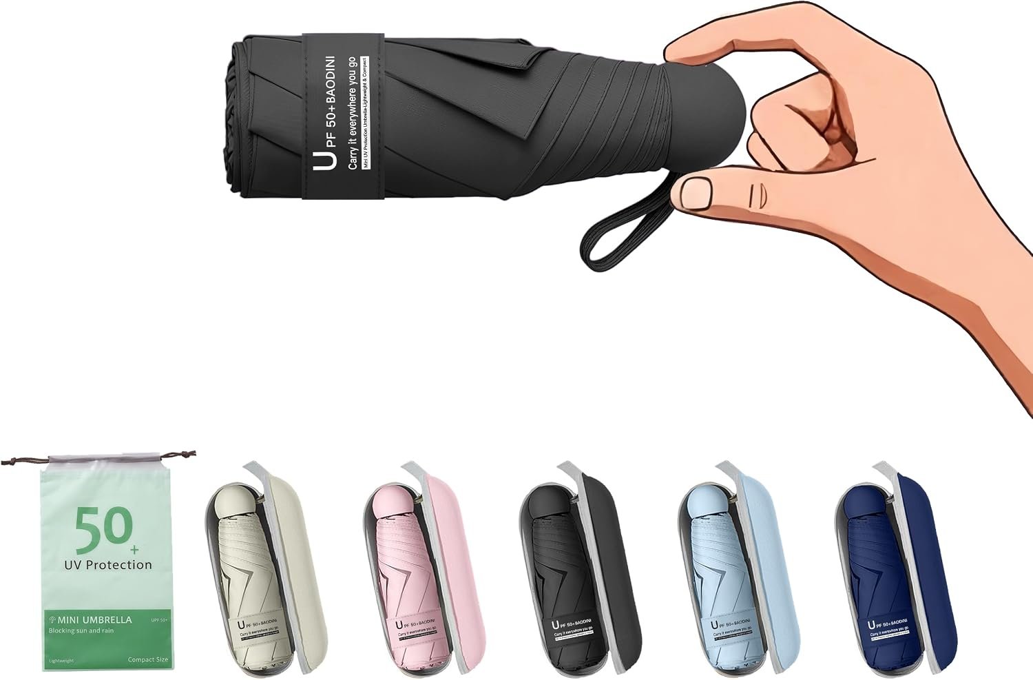 BAODINI Mini Travel Umbrella with UV Sun Protection, Compact Pocket-Size | 8.6 oz Lightweight, Small Portable for Sun & Rain, Fit Purse & Backpack, Travel essentials for Disney & European Trip