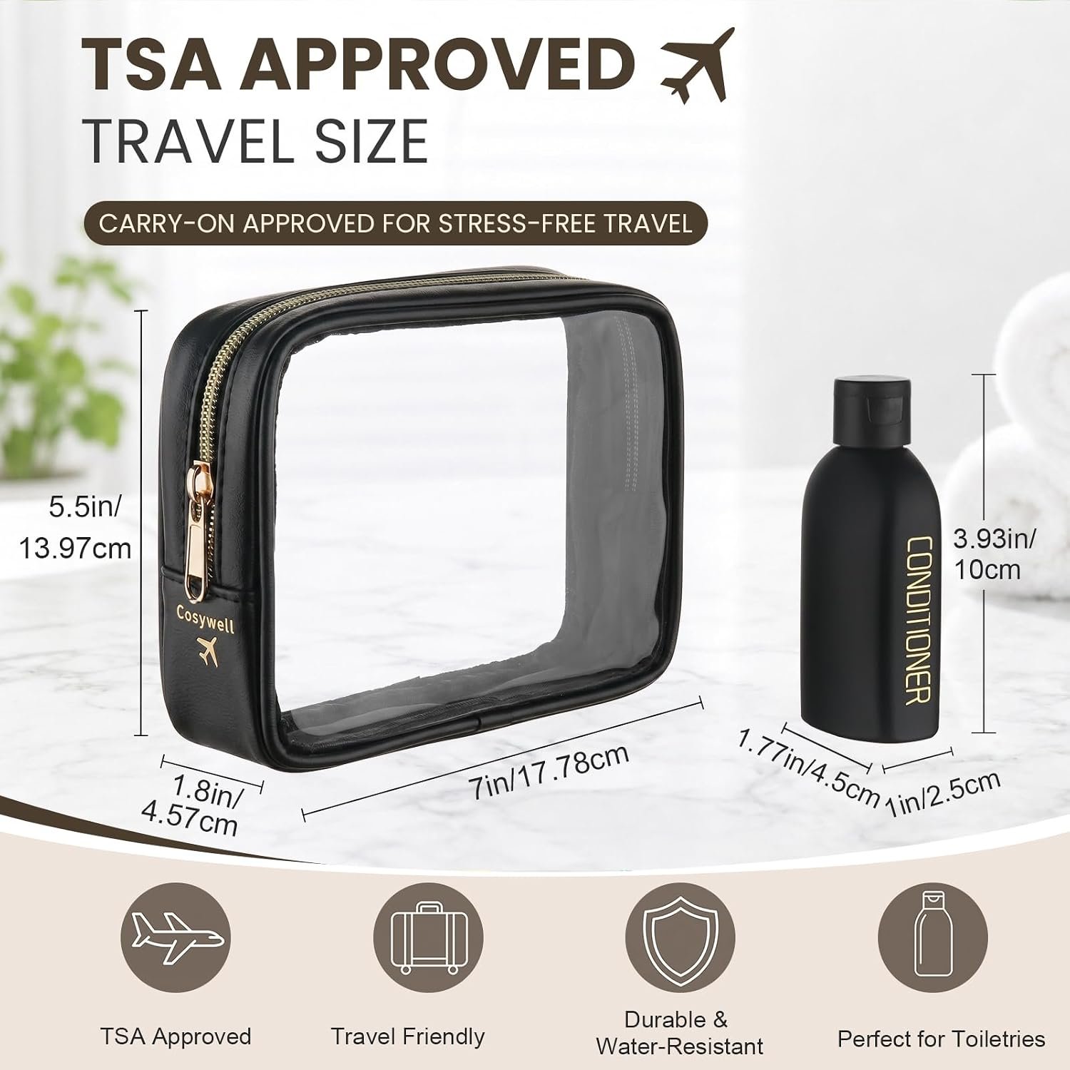 Cosywell 3.4oz 5 Pack Travel Bottles for Toiletries Black Toiletry Bottles | Pre-Printed Shampoo Conditioner & Body Wash, Soft Touch, TSA Approved, Leak Proof, Includes Flip Caps and a Toiletry Bag - Image 2