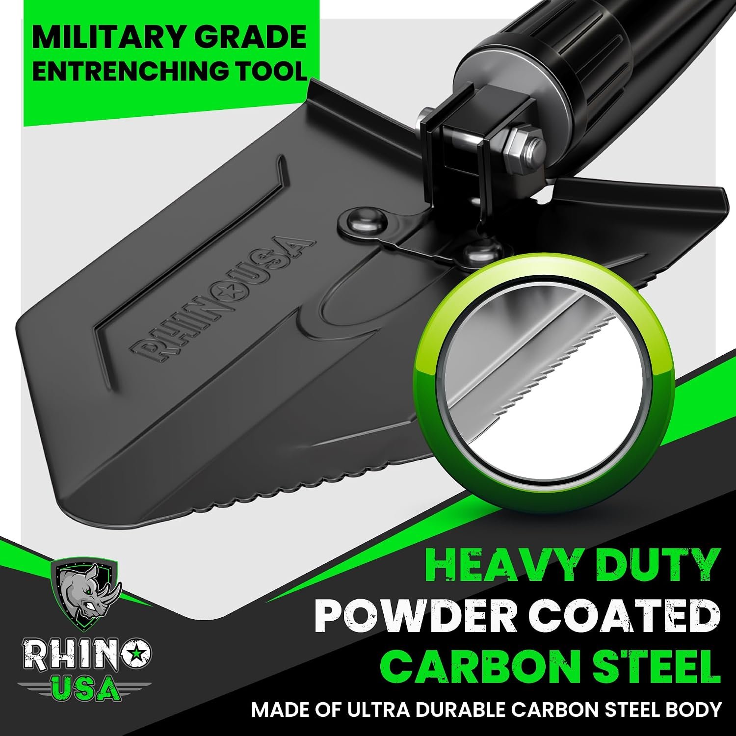 Rhino USA Folding Survival Shovel with Pick - Military Entrenching Tool | Heavy Duty Carbon Steel Folding Tool for Off-Road, Camping, Gardening, Beach. For Dirt, Sand, Mud & Snow Digging. Black - Image 9