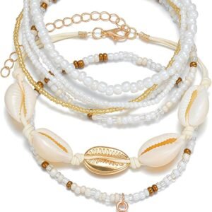 Qceasiy Shell Ankle Bracelets for Women, Boho Beaded Beach Anklet Set | Seashell, Heart, Starfish and Conch Styles, Gold-Tone, Stretch or Adjustable Fit, Layered Beach Vacation Jewelry Gifts