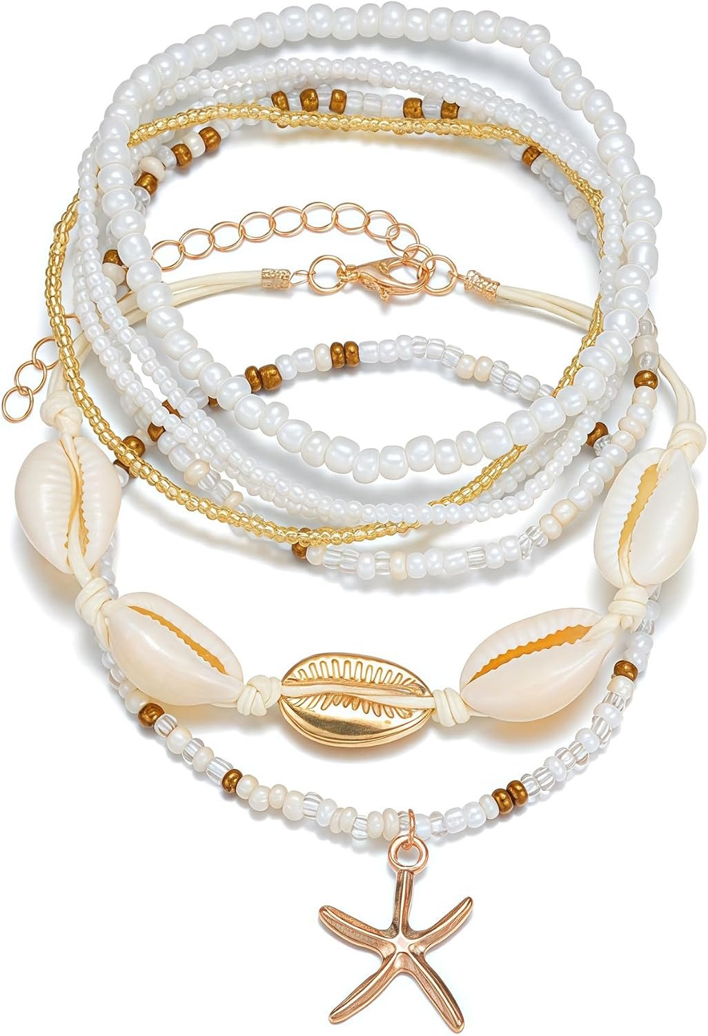 Qceasiy Shell Ankle Bracelets for Women, Boho Beaded Beach Anklet Set | Seashell, Heart, Starfish and Conch Styles, Gold-Tone, Stretch or Adjustable Fit, Layered Beach Vacation Jewelry Gifts
