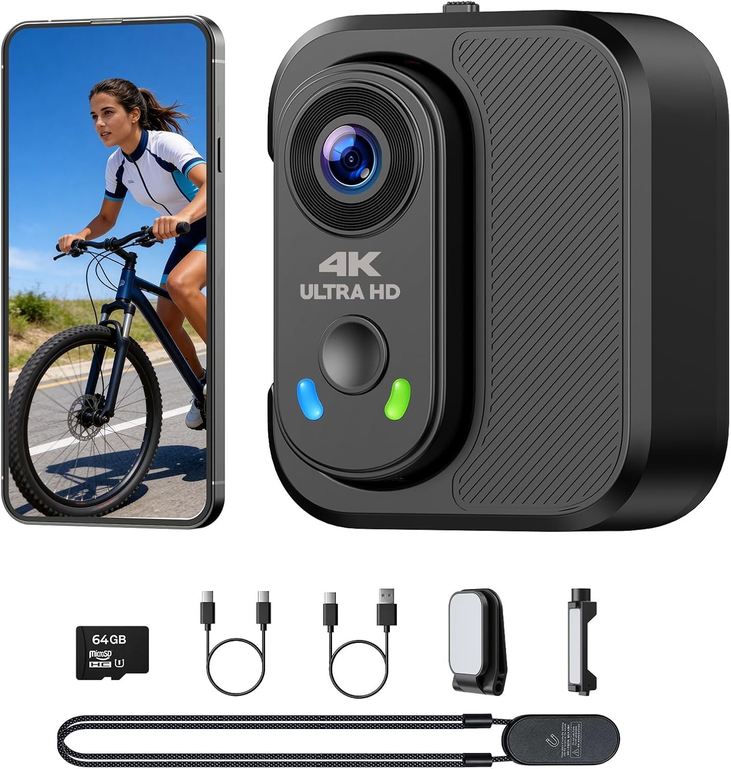 4K Mini Body Camera, Thumb Action Camera with 64GB Card, WiFi, EIS Stabilization, Charger Case, Magnetic Mount, 150° Wide Angle Wearable POV Camera for TikTok YouTube Vlogging Outdoor Motorcycle