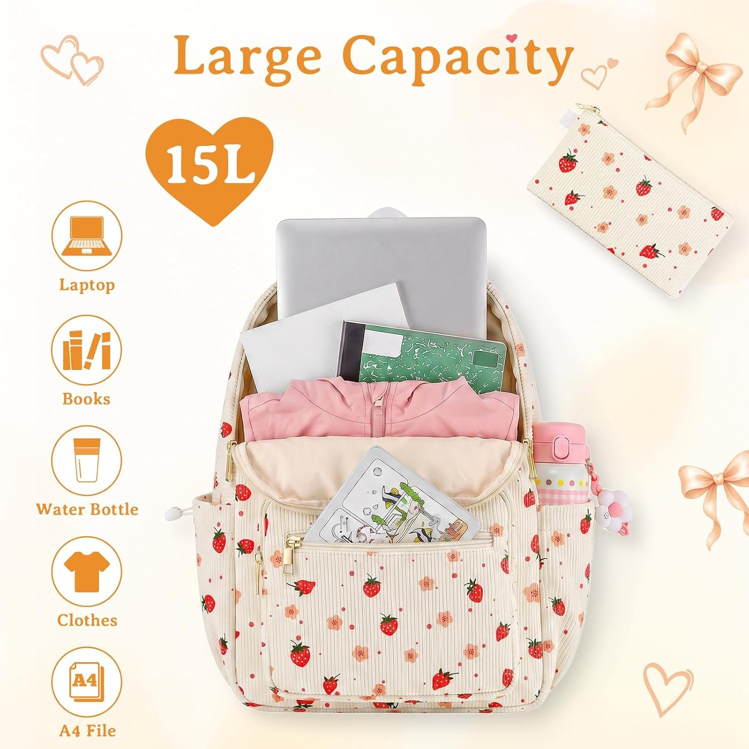 Corduroy Girls Backpack Set，Cute School Backpack for Teens Girls Kids Bookbags for Elementary High School Women Laptop Bags Daypacks Set With Lunch Bag and Pencil Case (Beige Strawberry, 3 Set) - Image 3