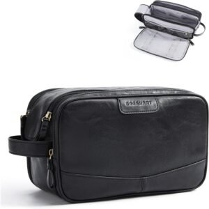 BAGSMART Medium Toiletry Bag for Men, PU Leather Water Resistant, Black | High-gloss, Travel Bag for Toiletries, Dopp Kit, Shaving Bag for Bathroom Shower