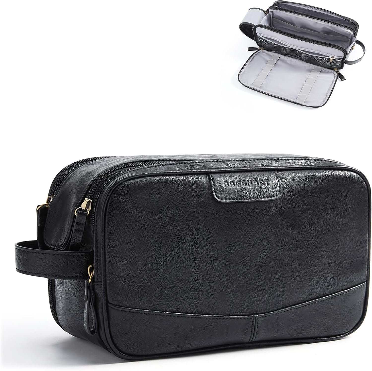 BAGSMART Medium Toiletry Bag for Men, PU Leather Water Resistant, Black | High-gloss, Travel Bag for Toiletries, Dopp Kit, Shaving Bag for Bathroom Shower