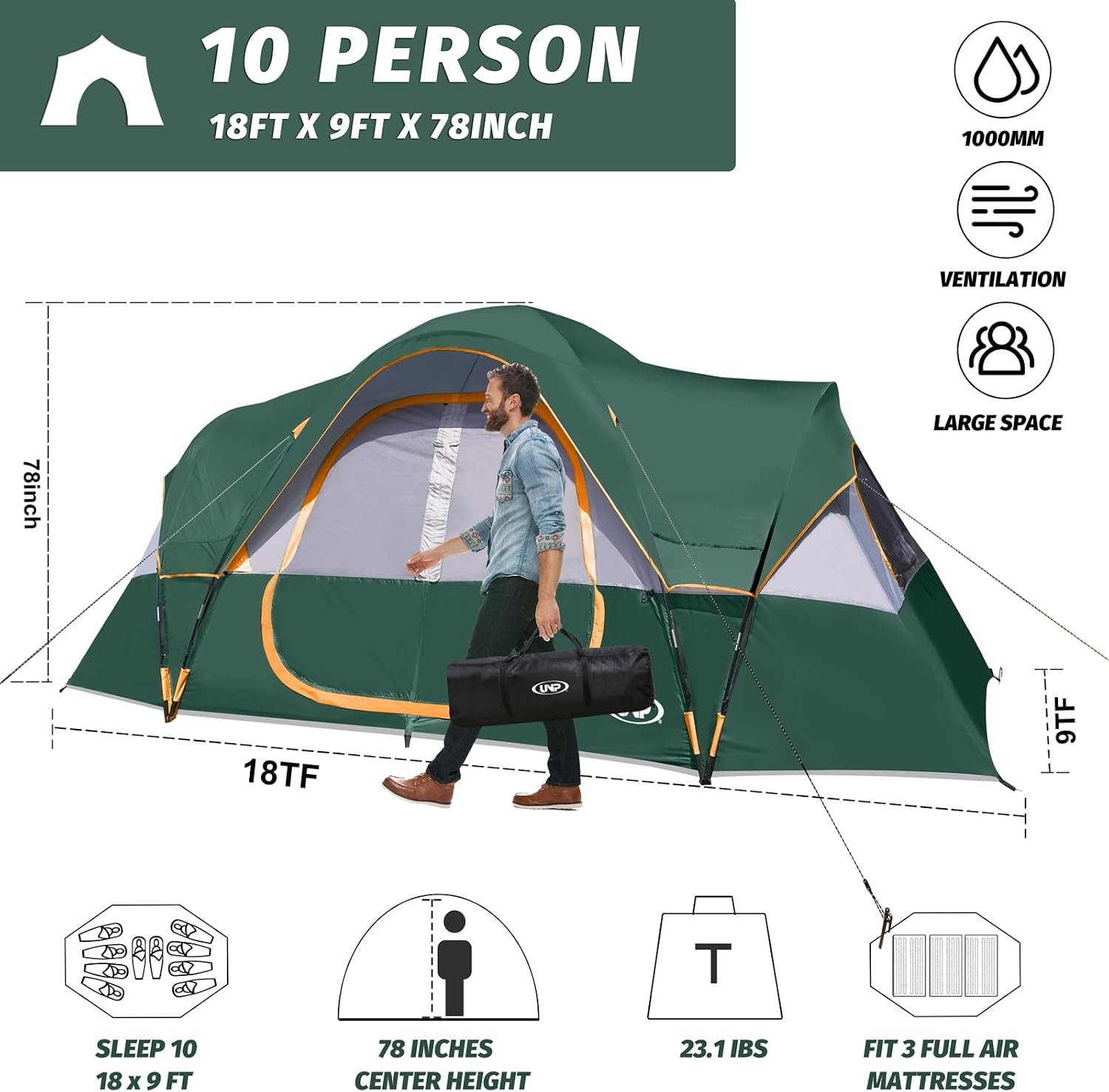 UNP 10 Person Tents for Camping Family Outdoor Camping Tent | 2 Rooms with Rainfly, Waterproof 5 Large Mesh Windows Size 18ft x 9ft x78in - Image 2